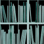 Bookshelves with many thin volumes.