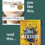 Book covers for Never Let Me Go by Kazuo Ishiguro and The Measure by Nikki Erlick and the text "If you like this, read this..."