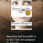 Moody sunset clouds in the background and the book cover of Never Let Me Go by Kazuo Ishiguro in the foreground with the words "Haunting and beautiful in a way I am not equipped to describe." and the Lacey in the Library logo.
