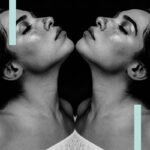 Mirrored black and white image of a woman with her head back. Decorative rectangles at the top left and bottom right. Lacey in the Library logo.