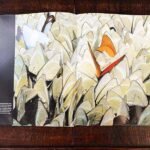 A book displaying a butterfly image on its open pages, lying flat on a surface.