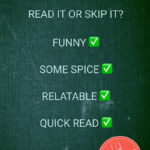 Textured background with the words: The Nemesis Pact, Read it or skip it? Funny - check. Some spice - check. Relatable - check. Quick Read - check. Read it!