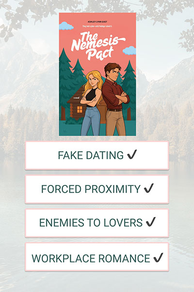 Book cover followed by a trope list: Fake dating - check, forced proximity - check, enemies to lovers - check, workplace romance - check!