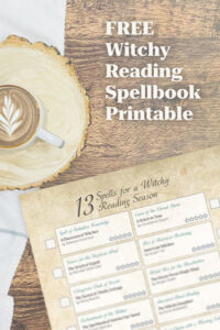 Witchy Reading Spellbook Printable with cozy image of the printable