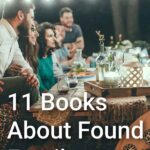 Group of people eating outdoors at night with text overlay 11 books about found family