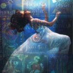 Collage of fantasy book covers overlaid by an image of a woman in a white dress sinking in deep water