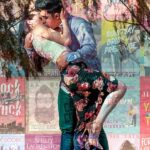 Collage of books overlayed by romantic kissing scene