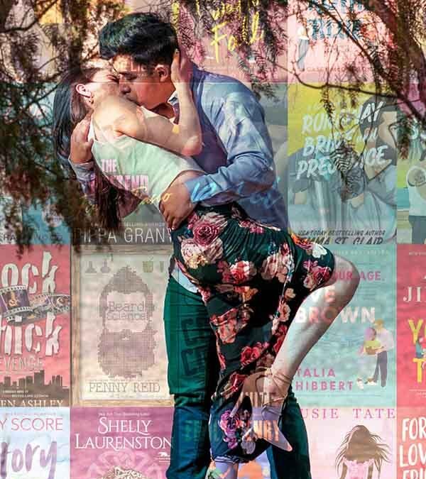 Collage of books overlayed by romantic kissing scene