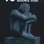 Statue of a person hugging their knees with the text overlay 10 Stunning Books That Spotlight Grief