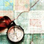 Photo collage with book covers, topographical map, and compass
