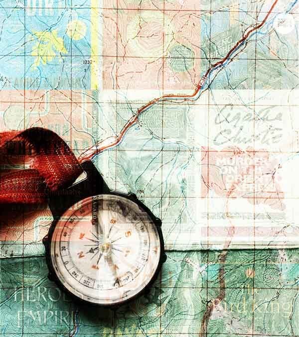 Photo collage with book covers, topographical map, and compass