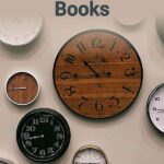 Wall of clocks set to different times with text overlay: 12 Dual Timeline books