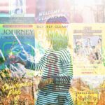 Photocollage of child playing in a field overlayed on grid of childhood book covers