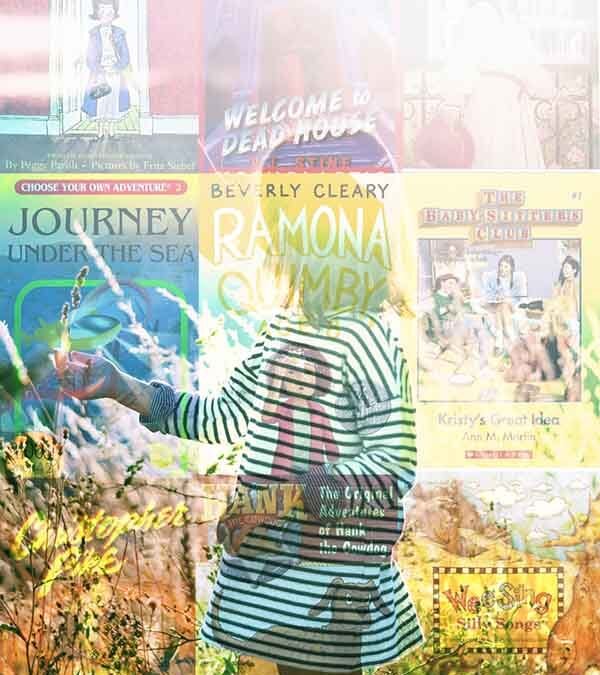 Photocollage of child playing in a field overlayed on grid of childhood book covers