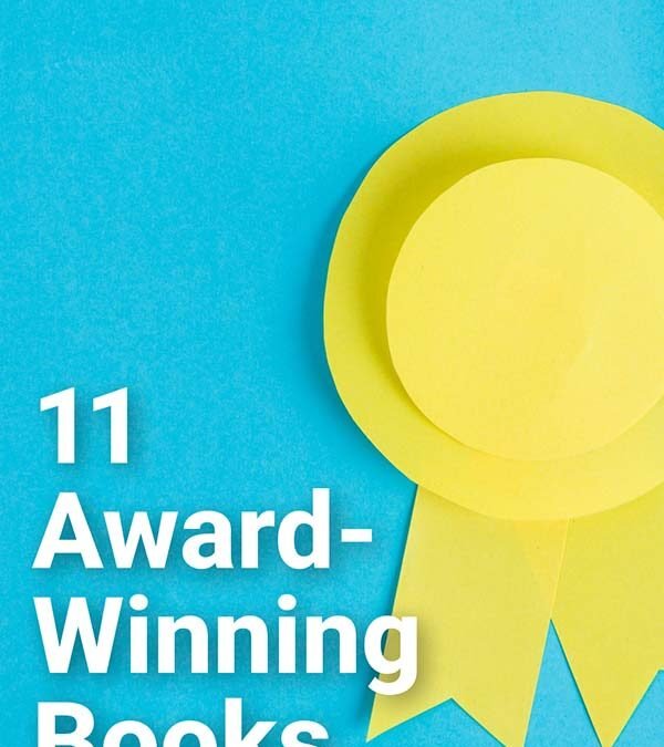 Ribbon on blue background. 11 Award Winning Books