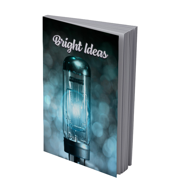Notebook with the words "Bright Ideas" and an image of a lightbulb