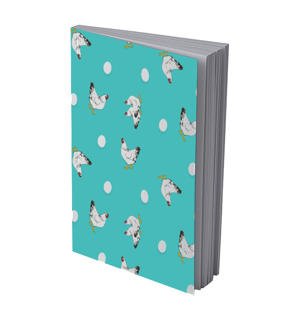 Notebook with a pattern featuring illustrations of chickens and eggs