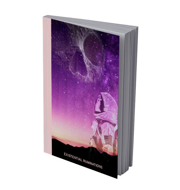 Notebook with a space landscape and a space-suited figure looking up into the starry sky to see the ghostly skull figure. Words: Existential Ruminations