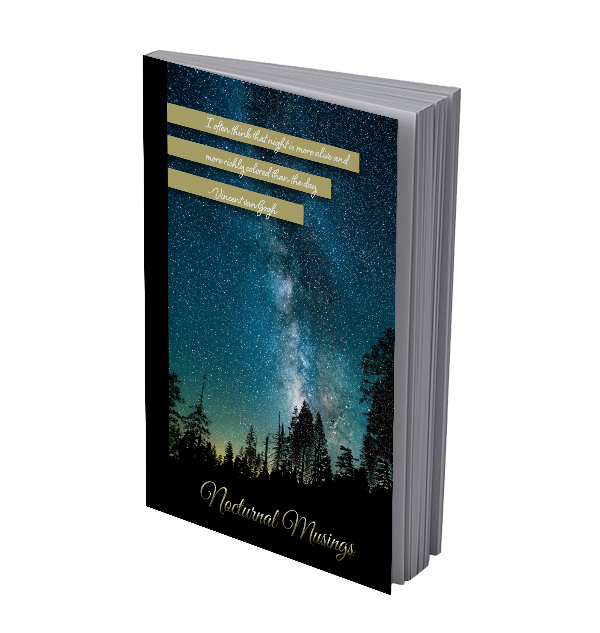 "I often think that night is more alive and more richly colored than the day." – Vincent Van Gogh "Nocturnal Musings" on a notebook cover with a beautiful nighttime sky in the background.