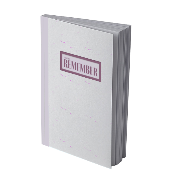 Notebook in lavendar with the words "Things To Remember"