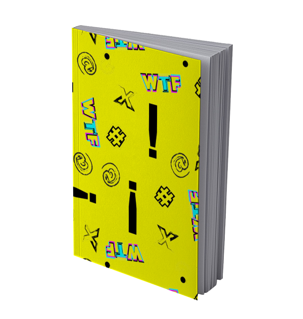Notebook with bright yellow, neon pink, black, and cyan punctuation marks and the letters WTF.