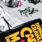 Dungeons and Dragons cards and 20 sided dice with the book Dungeon Crawler Carl
