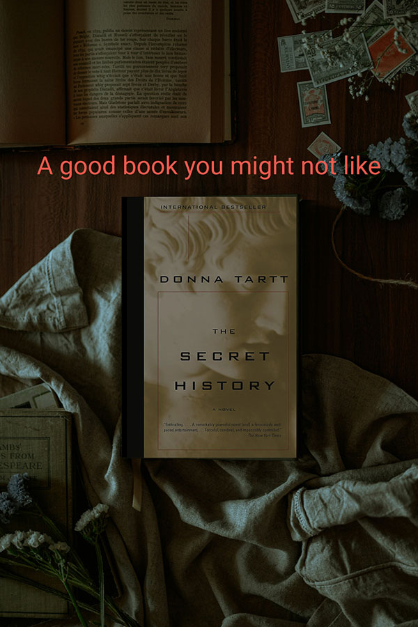 The Secret History bu Donna Tartt in a dark flatlay with fabric, books, and cards