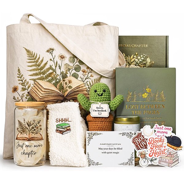 Bookish bundle with bag, journal, socks, cup, and stickers